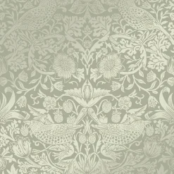 Discount William Morris Papier peint intissé Strawberry thief imprimé fleurs, oiseaux effet métalisé vert sauge L.1000 x l.52cm