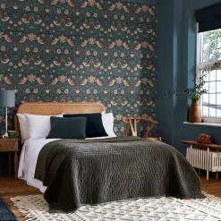 William Morris Papier peint intissé Thief deep blue imprimé fleurs, oiseaux vert L.1000 x l.52cm* Papier Peint Pour Couloir|Papier Peint Fleuri