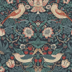 William Morris Papier peint intissé Thief deep blue imprimé fleurs, oiseaux vert L.1000 x l.52cm* Papier Peint Pour Couloir|Papier Peint Fleuri