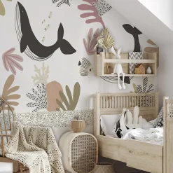 Acte Déco Papier peint panoramique enfant Baleines, Beige 300 x 250cm*Enfant Papier Peint Enfant