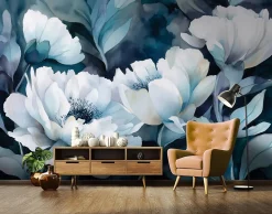 Wallarena Papier Peint Panoramique Intissé Fleurs Abstrait Bleu - 300x210 cm - Papier Peint Chambre et salon* Papier Peint Panoramique