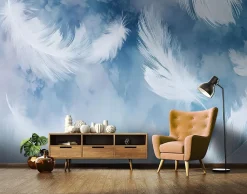 Wallarena Papier Peint Panoramique Intissé Plumes Abstrait Bleu - 300x210 cm - Papier Peint Chambre et salon* Papier Peint Panoramique