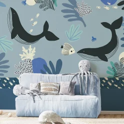 Acte Déco Papier peint panoramique enfant Baleines, Bleu 225 x 250cm*Enfant Papier Peint Enfant