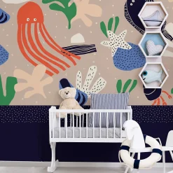Clearance Acte Déco Papier peint panoramique enfant Crabes, Bleu 150 x 250cm