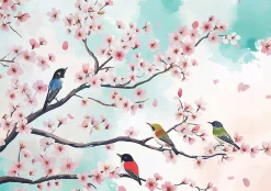 Wallarena Papier Peint Photo Pour Chambre Oiseaux Fleurs Brindilles 350x250 cm* Papier Peint Panoramique