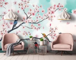 Wallarena Papier Peint Photo Pour Chambre Oiseaux Fleurs Brindilles 350x250 cm* Papier Peint Panoramique