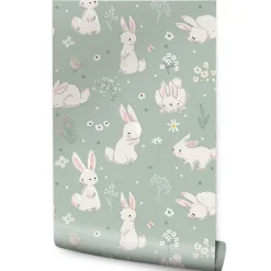 Online Muralo Papier Peint Pour Chambre D'Enfant Avec D'Adorables Lapins Blancs Fleurs