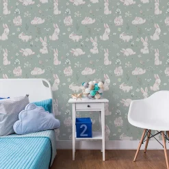 Online Muralo Papier Peint Pour Chambre D'Enfant Avec D'Adorables Lapins Blancs Fleurs