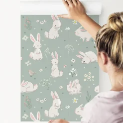 Online Muralo Papier Peint Pour Chambre D'Enfant Avec D'Adorables Lapins Blancs Fleurs