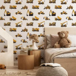 Sale Muralo Papier Peint Pour Chambre D'Enfant EXCAVATRICES Voitures De Chantier Jaunes