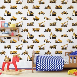 Sale Muralo Papier Peint Pour Chambre D'Enfant EXCAVATRICES Voitures De Chantier Jaunes