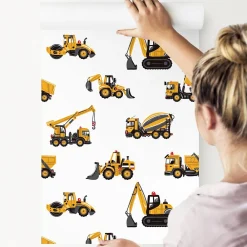 Sale Muralo Papier Peint Pour Chambre D'Enfant EXCAVATRICES Voitures De Chantier Jaunes