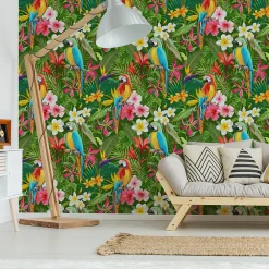 Outlet Muralo Papier Peint Pour La Chambre PERROQUETS Fleurs Tropicales Feuilles