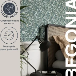 GoodHome Papier peint pré-encollé vinyle intissé fleuri Easy Roll Begonia bleu l.53 x H.1005 cm* Papier Peint Pour Chambre|Papier Peint Pré-Encollé