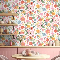 Hot GoodHome Papier peint pré-encollé vinyle intissé bouquet de fleurs Easy Roll Tullie rose l.53 x H.1005 cm