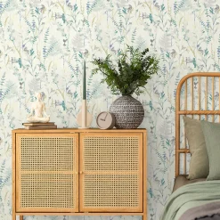 GoodHome Papier peint pré-encollé vinyle intissé eucalyptus Easy Roll Elcot bleu pastel l.53 x H.1005 cm* Papier Peint Pour Couloir|Papier Peint Pour Chambre