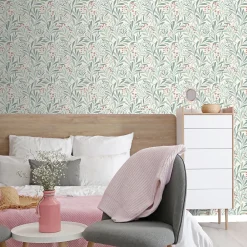 GoodHome Papier peint pré-encollé vinyle intissé fleuri Easy Roll Alluets vert pastel l.53 x H.1005 cm* Papier Peint Pré-Encollé