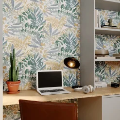Sale GoodHome Papier peint pré-encollé vinyle intissé feuillage Easy Roll Dalasi bleu l.53 x H.1005 cm