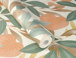 Rasch Papier peint vinyle expansé intissé feuillage Tropico vert, terracotta L.1005 x l.53cm* Papier Peint Fleuri|Papier Peint Pour Couloir