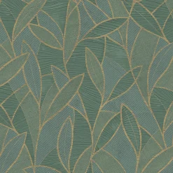 Clearance Lutece Papier peint vinyle intissé Allure mat et satiné feuilles, sculptées vert, or l.1005 x l.53 cm