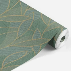 Clearance Lutece Papier peint vinyle intissé Allure mat et satiné feuilles, sculptées vert, or l.1005 x l.53 cm