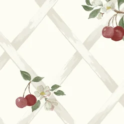 Best Lutece Papier peint vinyle intissé Cuisines & Bains mat et satiné treillis, cerise rouge, beige, blanc l.1005 x l.53 cm