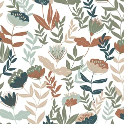 Outlet Lutece Papier peint vinyle intissé fleuri Naive flowers, bleu terracotta L.1005 x l.53cm Lutèce