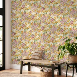 Sale Grandeco Papier peint vinyle intissé fleuri rose, jaune L.1005 x l.53cm , Garden Lilas