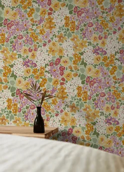 Sale Grandeco Papier peint vinyle intissé fleuri rose, jaune L.1005 x l.53cm , Garden Lilas