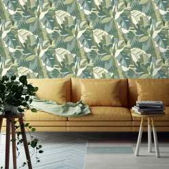 Best Lutèce Papier peint vinyle intissé Dolce vita palmier seventies XXL vert, bleu L.1005 x l.53cm