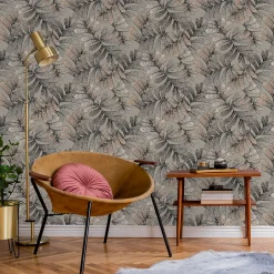 Sale Lutece Papier peint vinyle intissé Villa Rosalie mat et satiné feuilles gris, rose l.1005 x l.53 cm