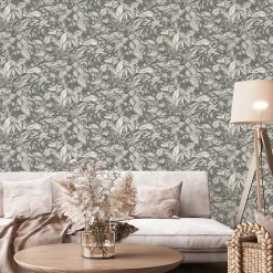 Clearance Lutece Papier peint vinyle intissé Villa Rosalie mat et satiné fleurs gris, noir, blanc l.1005 x l.53 cm