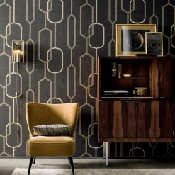 Clearance GoodHome Papier peint Vinyle Intissé Leucie noir et or