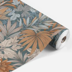 Clearance Lutece Papier peint vinyle intissé Allure mat et satiné feuilles bleu, cuivre, rouge, or l.1005 x l.53 cm