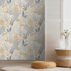 Sale Lutece Papier peint vinyle intissé Allure mat et satiné feuilles beige, bleu, or, jaune l.1005 x l.53 cm