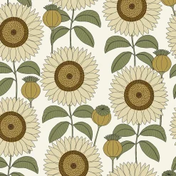 Clearance Lutece Papier peint vinyle intissé Cuisines & Bains mat et satiné tournesol, fleurs beige, orcre, blanc l.1005 x l.53 cm