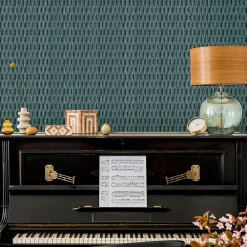 Hot Lutece Papier peint vinyle intissé Villa Rosalie mat et satiné trompe l'œil paille bleu paon, bleu l.1005 x l.53 cm