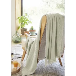 Sale L'Effet Papillon Plaid à franges "Gaïa" toutes dimensions "Gaze de Coton" - Gaïa Vert d'Eau - 130 x 160 cm