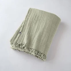 Sale L'Effet Papillon Plaid à franges "Gaïa" toutes dimensions "Gaze de Coton" - Gaïa Vert d'Eau - 130 x 160 cm
