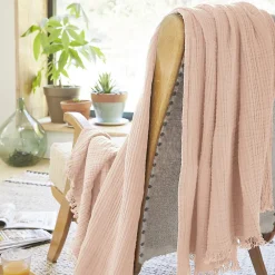Discount Housse De Rêve Plaid à franges 180x220 cm Gaze de coton Guimauve