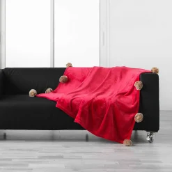 Douceur D'Intérieur Plaid à pompons doux - 150 x 125 cm - Rouge* Plaid Canapé|Plaid