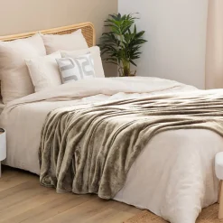 Atmosphera Créateur D'Intérieur Plaid flanelle Ollis beige lin 260x240cm - Atmosphera* Plaid Canapé|Plaid
