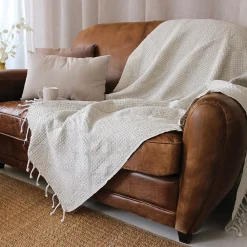 Best Home Maison Plaid jacquard à franges (130x160 cm - Ecru)