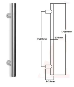 Online Hardwarexchange Poignée de tirage Diamètre 30 mm - Entraxe500 - S75 - L650 mm - INOX 304 satiné