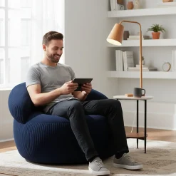 Outlet Bananair Pouf XXL déhoussable en velours côtelé 110x100 cm bleu foncé