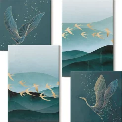 Wallfluent Set 4 Tableaux Toile Tendue 2x(40x40)+2x(40x60) Paysages Abstraits De Vagues D'oiseaux Finition Galerie* Tableau Déco