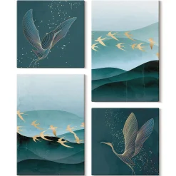 Wallfluent Set 4 Tableaux Toile Tendue 2x(40x40)+2x(40x60) Paysages Abstraits De Vagues D'oiseaux Finition Galerie* Tableau Déco