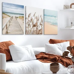 Clearance Muralo Set De Tableaux Plage Mer Pont Plantes 90cm x 40cm - Parfait pour décorer votre salon, chambre ou bureau avec un design unique et