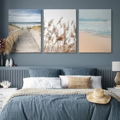 Clearance Muralo Set De Tableaux Plage Mer Pont Plantes 90cm x 40cm - Parfait pour décorer votre salon, chambre ou bureau avec un design unique et