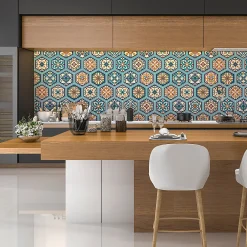 Ambiance Sticker Sticker Mural Carrelage adhésif Cuisine Salle de Bain - CARRELAGES HEXAGONES BOIS PATINÉ BLEU-VERT - 28stickershexagones15x13,5cm* Sticker Et Adhésif Décoratif